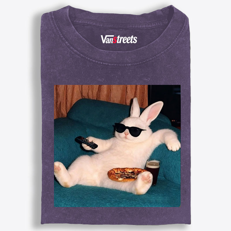 Couch Potato Bunny Retro Washed T-Shirt | 100% Cotton | Streetwear Essential