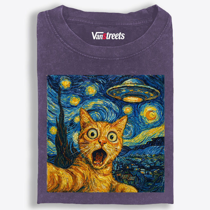Cat in Starry Night with UFO Meme Cat in Starry Night with UFO Meme Retro Washed T-Shirt | 100% Cotton | Streetwear Essential