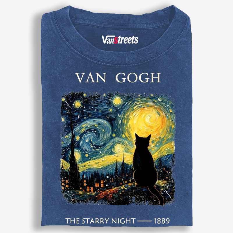 Van Gogh Starry Night CatRetro Washed T-Shirt | 100% Cotton | Streetwear Essential