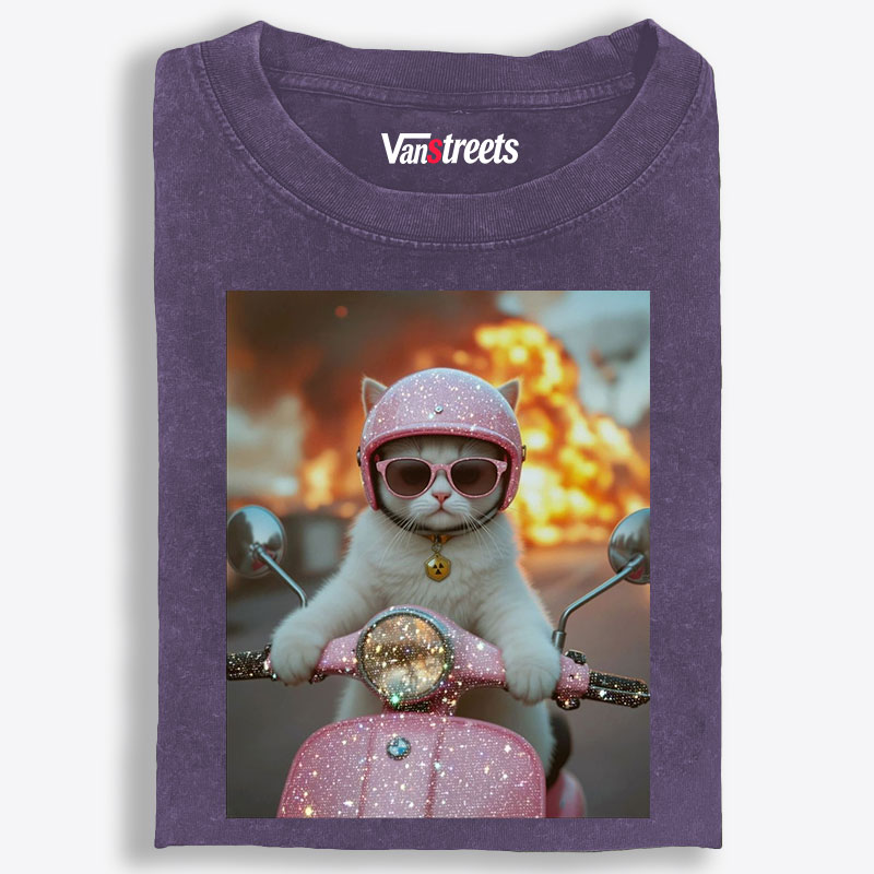 Pink Scooter Cat & Explosion Meme Retro Washed T-Shirt | 100% Cotton | Streetwear Essential