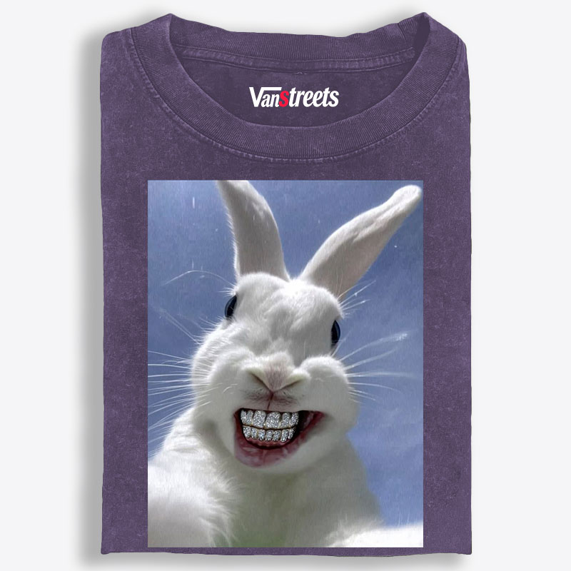 Diamond Teeth Rabbit Retro Washed T-Shirt | 100% Cotton | Streetwear Essential