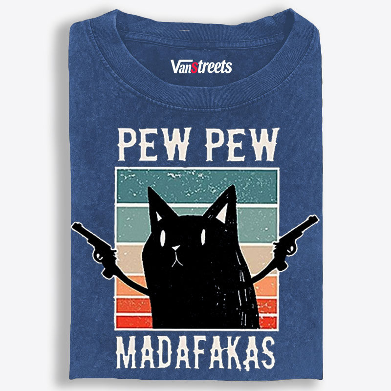 "Pew Pew Madafakas" Black Cat Retro Washed T-Shirt | 100% Cotton | Streetwear Essential
