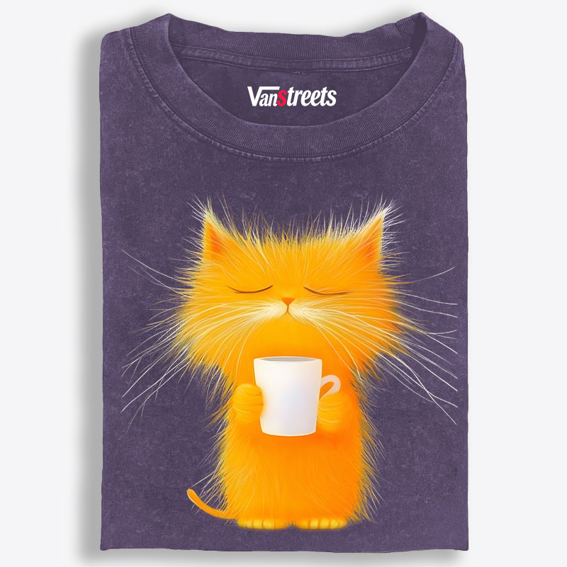 Fluffy Orange Cat with Coffee Retro Washed T-Shirt | 100% Cotton | Streetwear Essential
