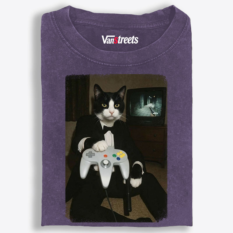 Vintage Tuxedo Cat Gamer Graphic Edition Retro Washed T-Shirt | 100% Cotton | Streetwear Essential