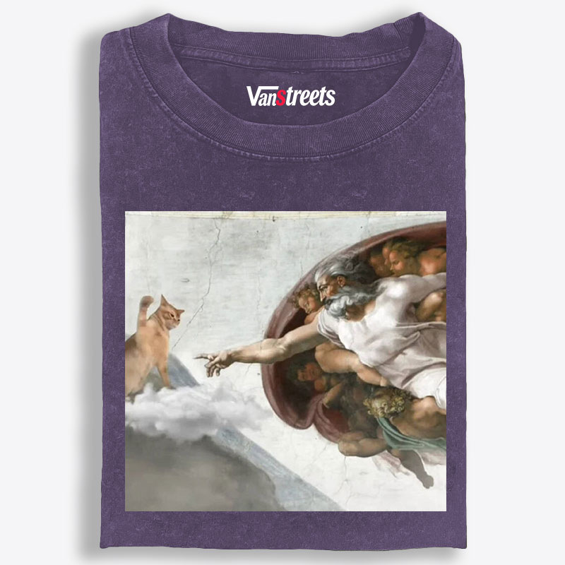 Cat Parody of "The Creation of Adam" Art Retro Washed T-Shirt | 100% Cotton | Streetwear Essential