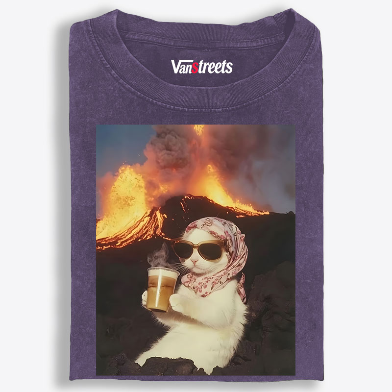 Volcano Coffee Cat Meme Retro Washed T-Shirt | 100% Cotton | Streetwear Essential