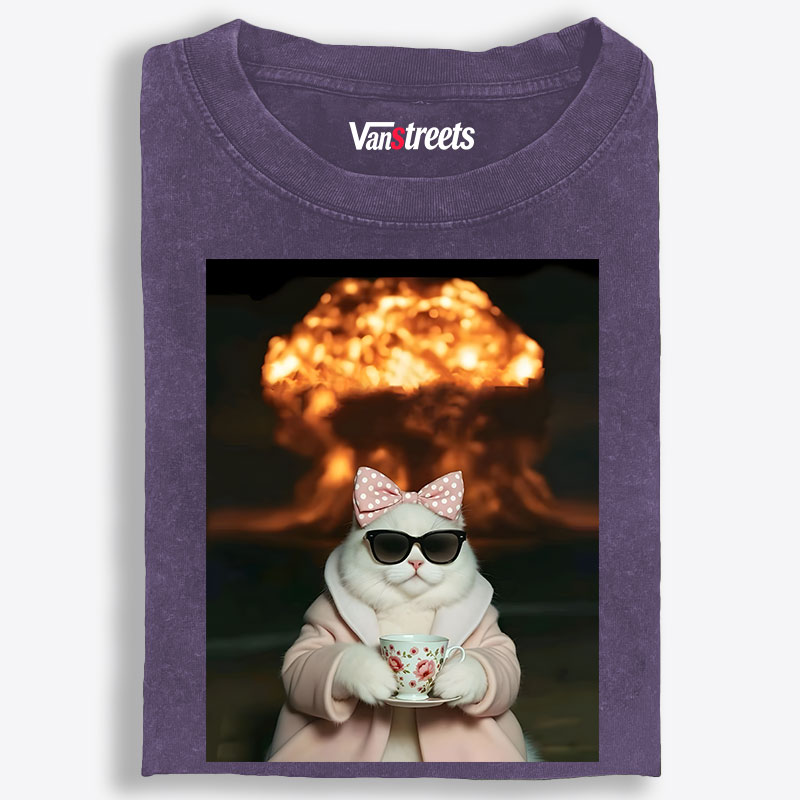 Cat with Tea & Nuclear Explosion Retro Washed T-Shirt | 100% Cotton | Streetwear Essential