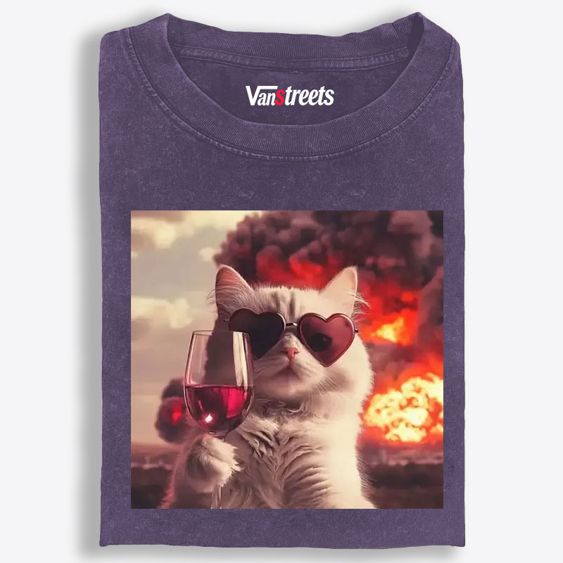 Cat with Wine & Explosion Meme Retro Washed T-Shirt | 100% Cotton | Streetwear Essential