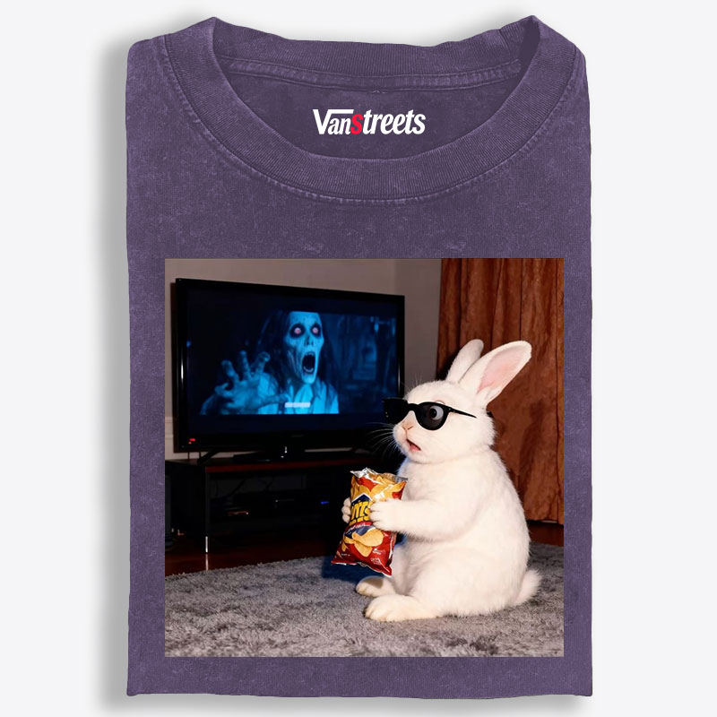Horror Movie Watching Bunny Retro Washed T-Shirt | 100% Cotton | Streetwear Essential