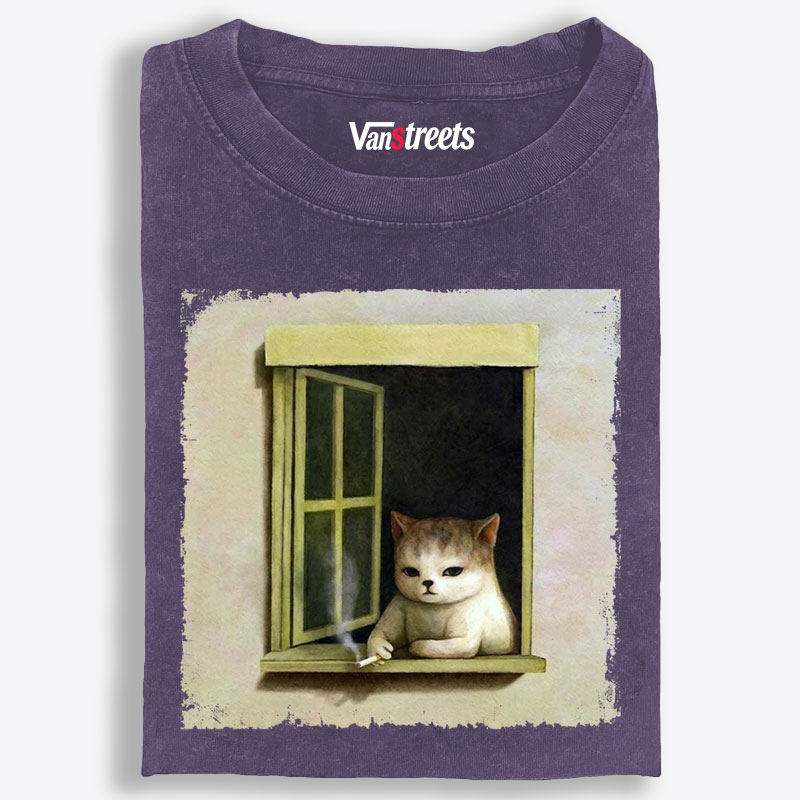 Vintage Solitude Cat Illustration Retro Washed T-Shirt | 100% Cotton | Streetwear Essential