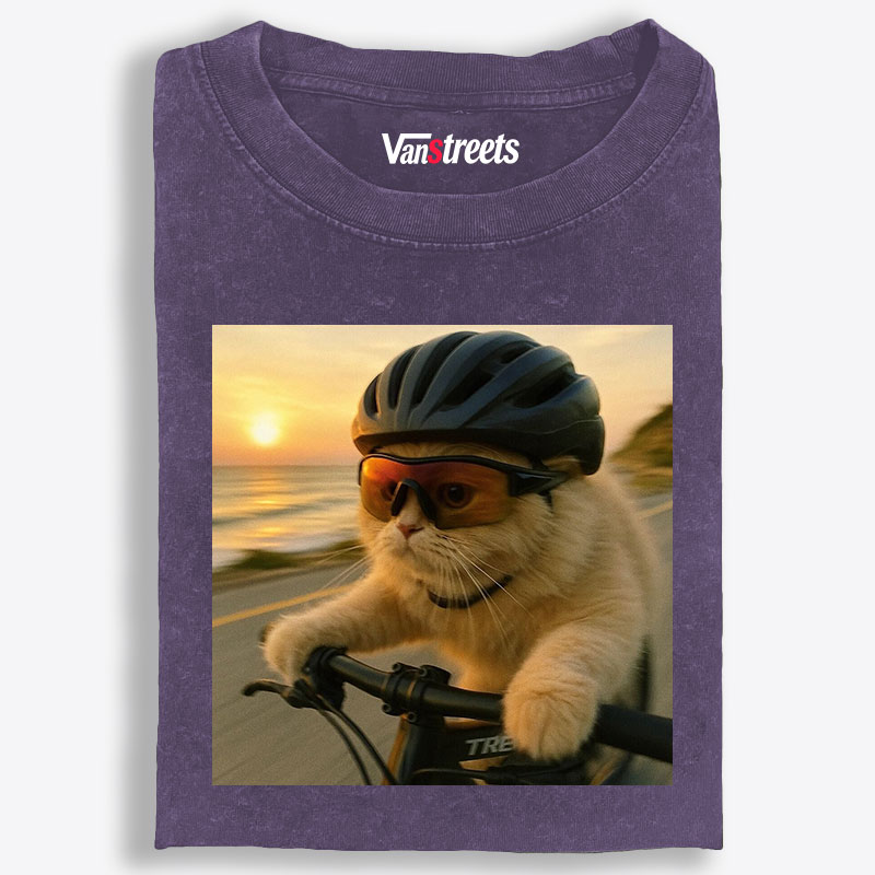 Cycling Cat at Sunset Retro Washed T-Shirt | 100% Cotton | Streetwear Essential