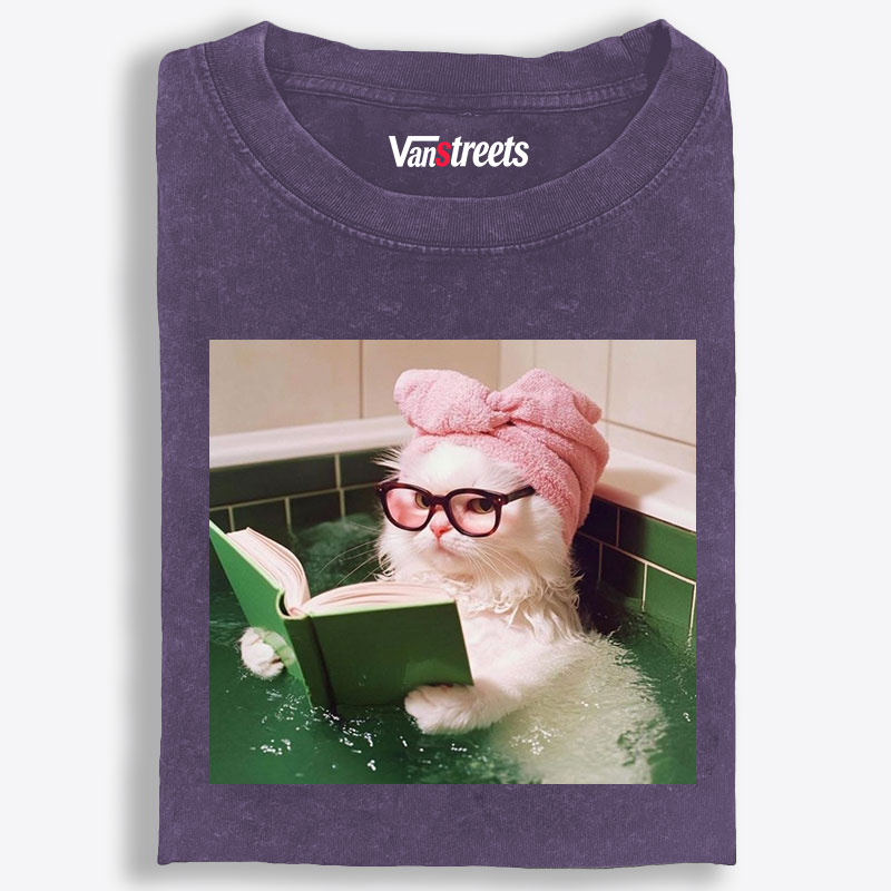Bathtub Reading Cat Aesthetic Retro Washed T-Shirt | 100% Cotton | Streetwear Essential