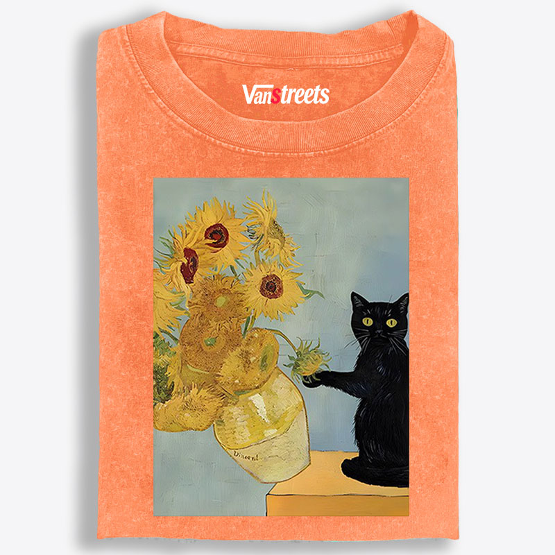 Playful Cat Meets Van Gogh Sunflowers Retro Washed T-Shirt | 100% Cotton | Streetwear Essential