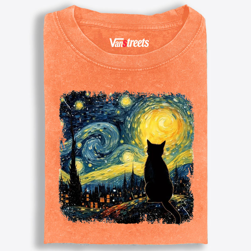 Van Gogh Starry Night CatRetro Washed T-Shirt | 100% Cotton | Streetwear Essential