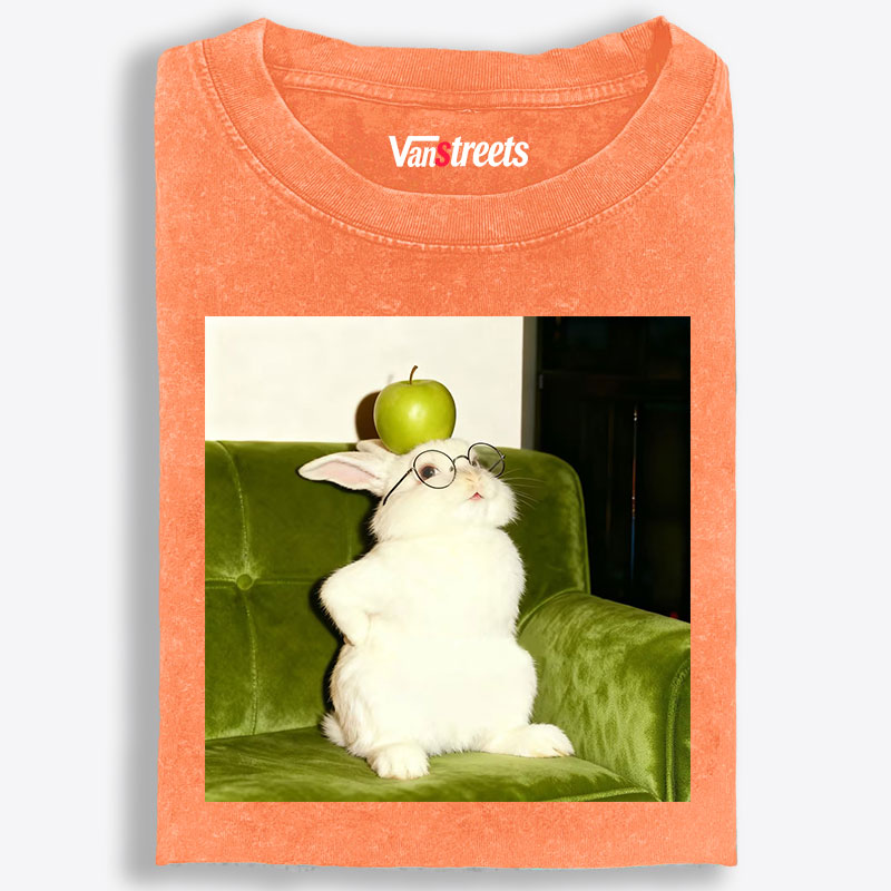 Rabbit With Apple On Head Retro Washed T-Shirt | 100% Cotton | Streetwear Essential
