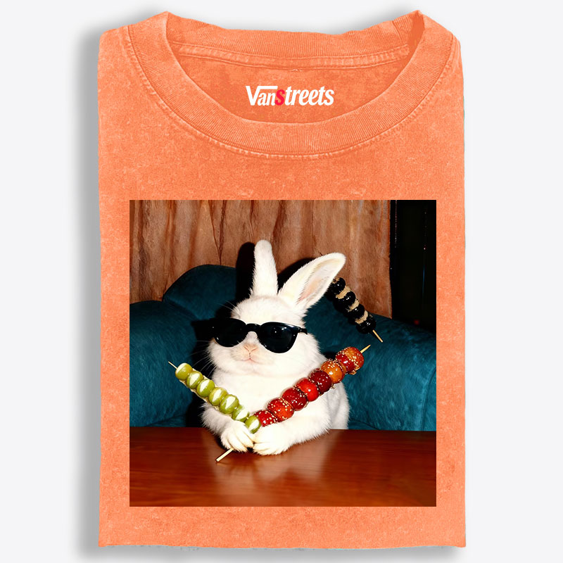 Rabbit Holding Candied Haws Sunglasses Retro Washed T-Shirt | 100% Cotton | Streetwear Essential