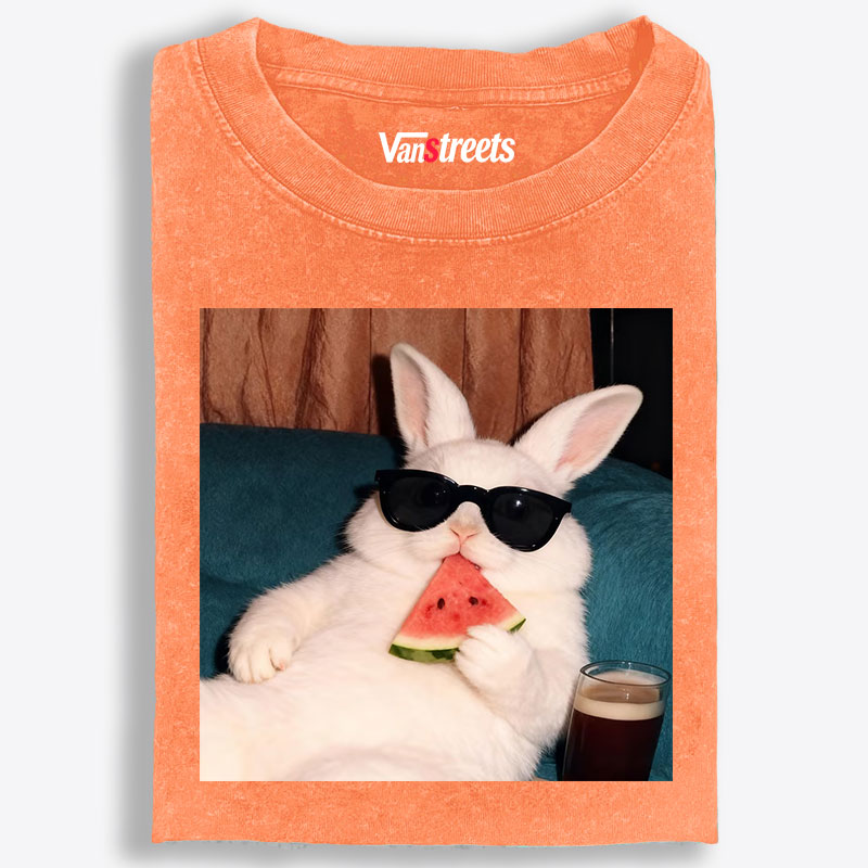 Rabbit Eating Watermelon Sunglasses Retro Washed T-Shirt | 100% Cotton | Streetwear Essential