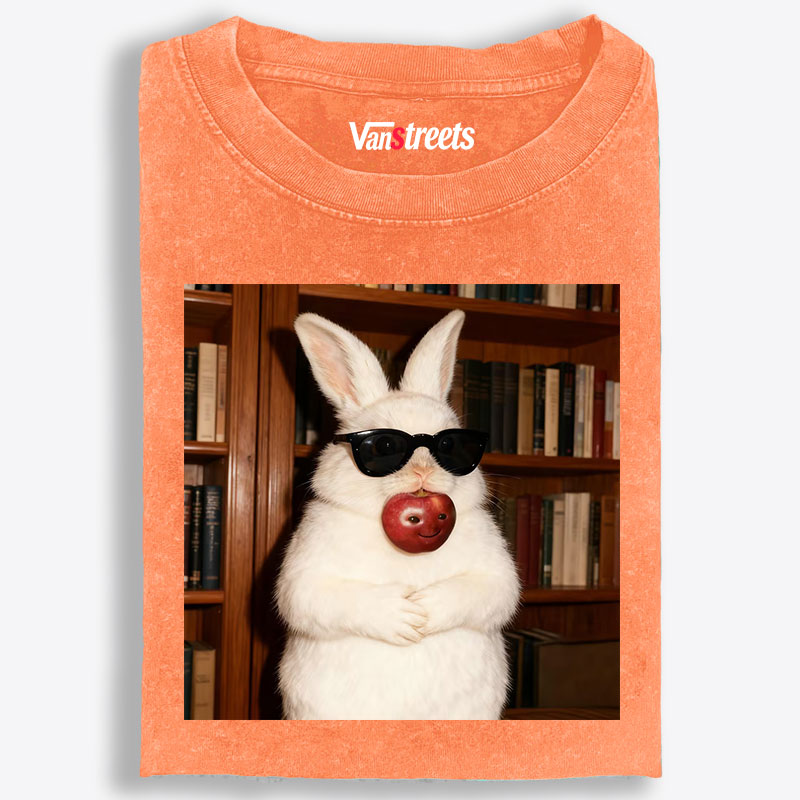 Rabbit Biting Apple Sunglasses Library Retro Washed T-Shirt | 100% Cotton | Streetwear Essential