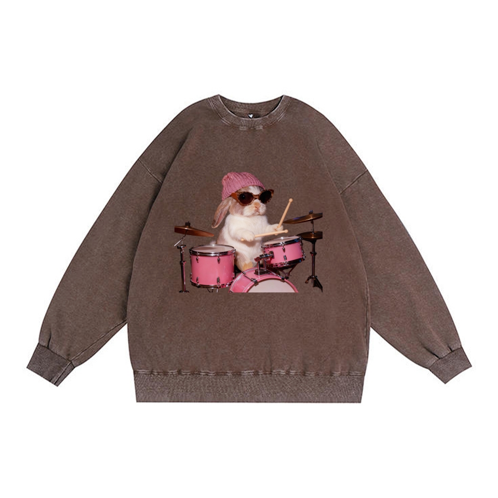 Bunny Rockin' Bunny Retro Premium Washed Cotton Crewneck Sweatshirt