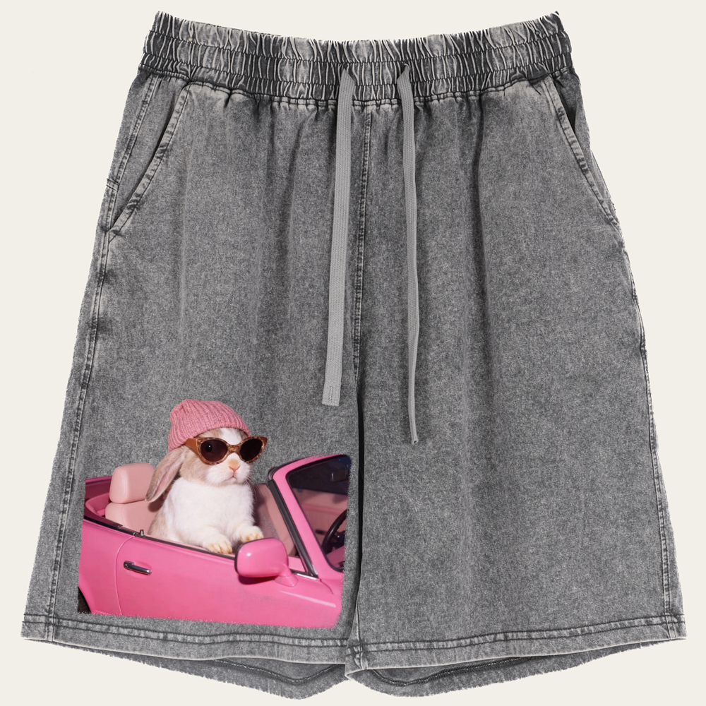 Pink Sports Car Cool Rabbit Retro Washed Shorts