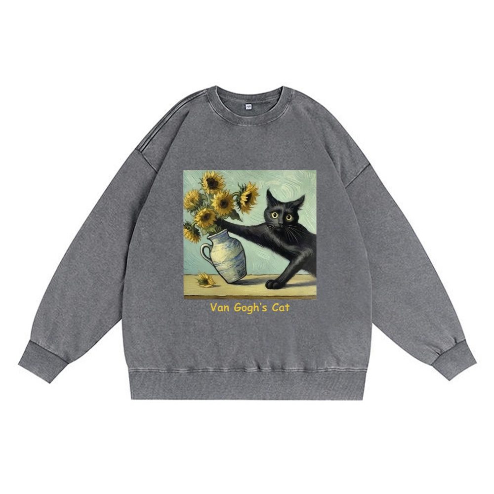 Van Gogh's Cat with Sunflowers Retro Premium Washed Cotton Crewneck Sweatshirt