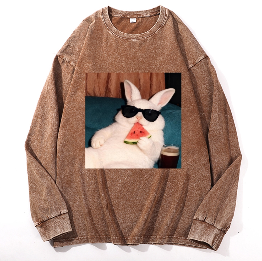 Rabbit Eating Watermelon Sunglasses Retro Washed Long Sleeve T-Shirt