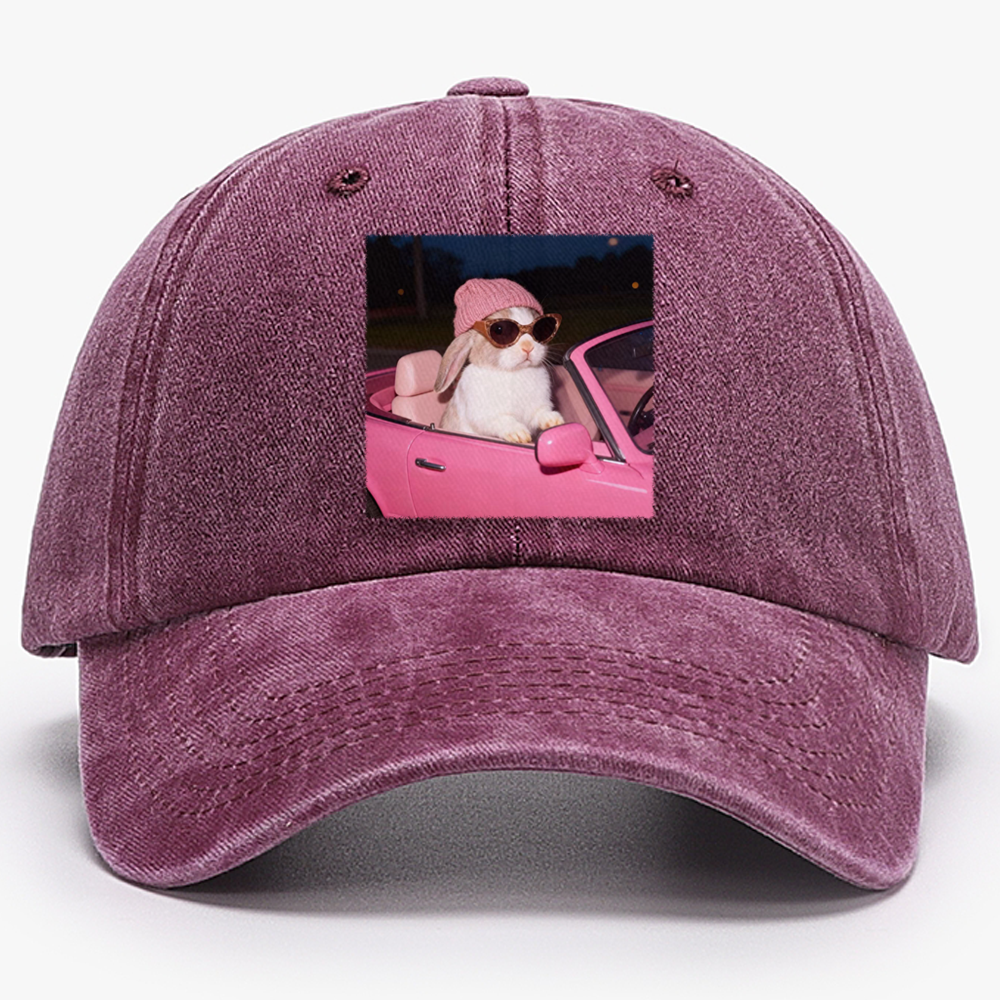 Pink Sports Car Cool Rabbit Retro Washed Baseball Cap