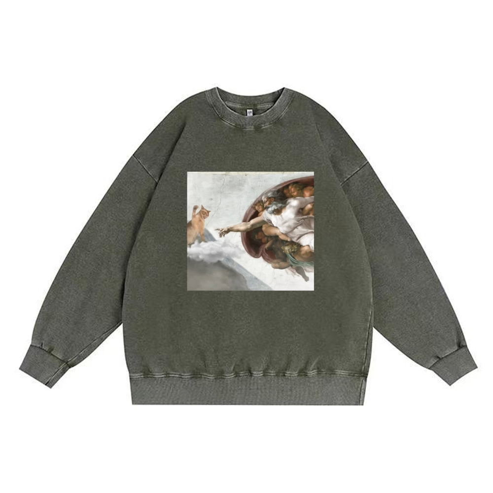 Cat Parody of "The Creation of Adam" Art Retro Premium Washed Cotton Crewneck Sweatshirt