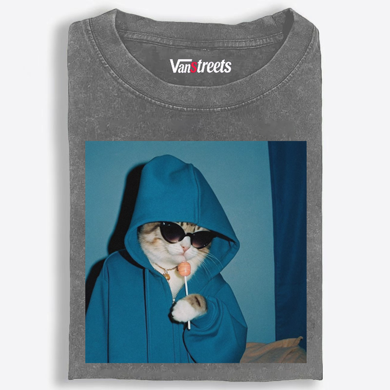 Hoodie Cat with Lollipop Cool Guy Retro Washed T-Shirt | 100% Cotton | Streetwear Essential
