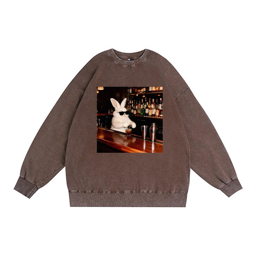 Bartender Bunny Retro Premium Washed Cotton Crewneck Sweatshirt