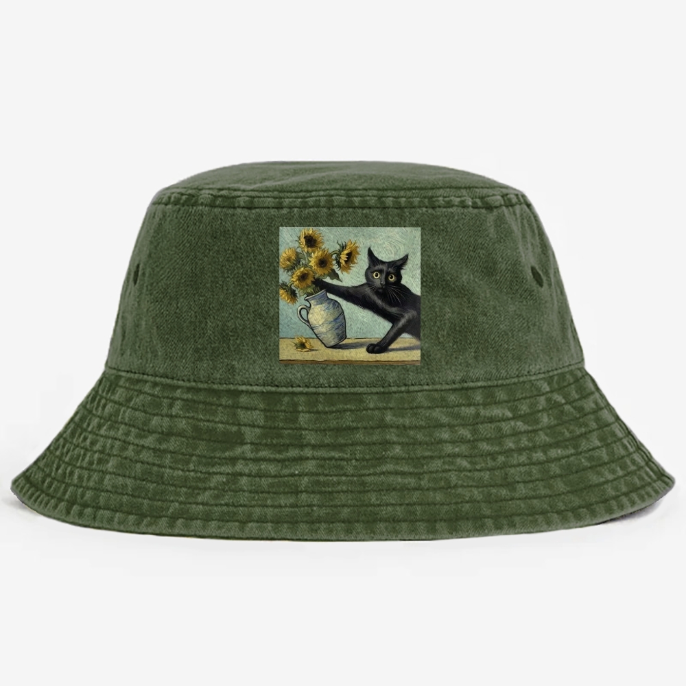 Van Gogh's Cat with Sunflowers Retro Vintage Washed Bucket Hat