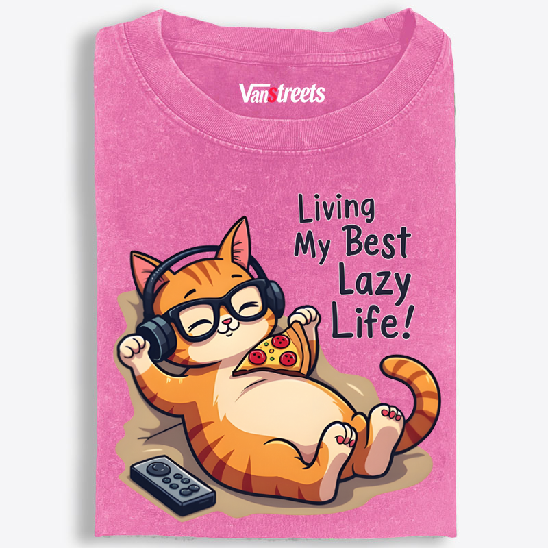 Living My Best Lazy Life Cat Washed T-Shirt | 100% Cotton | Streetwear Essential