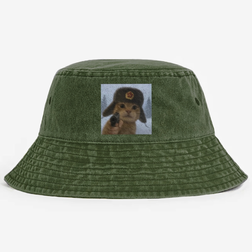 Soviet Ushanka Cat Retro Vintage Washed Bucket Hat