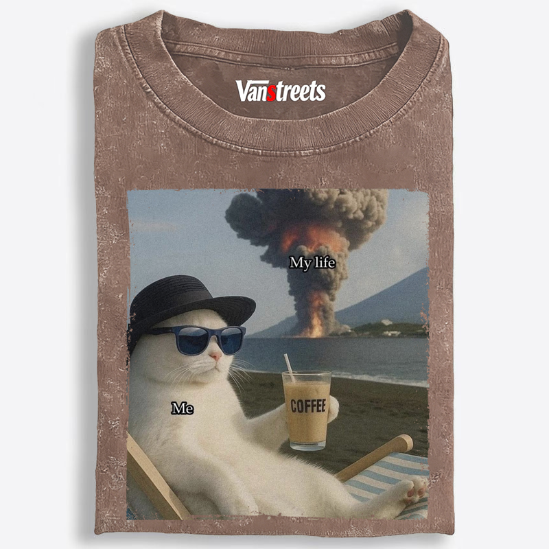 Volcano Coffee Cat "Me vs My Life" Meme Retro Washed T-Shirt | 100% Cotton | Streetwear Essential