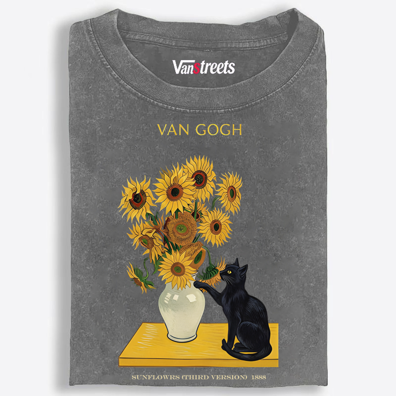 Curious Cat Touching Sunflowers Washed T-Shirt | 100% Cotton | Streetwear Essential