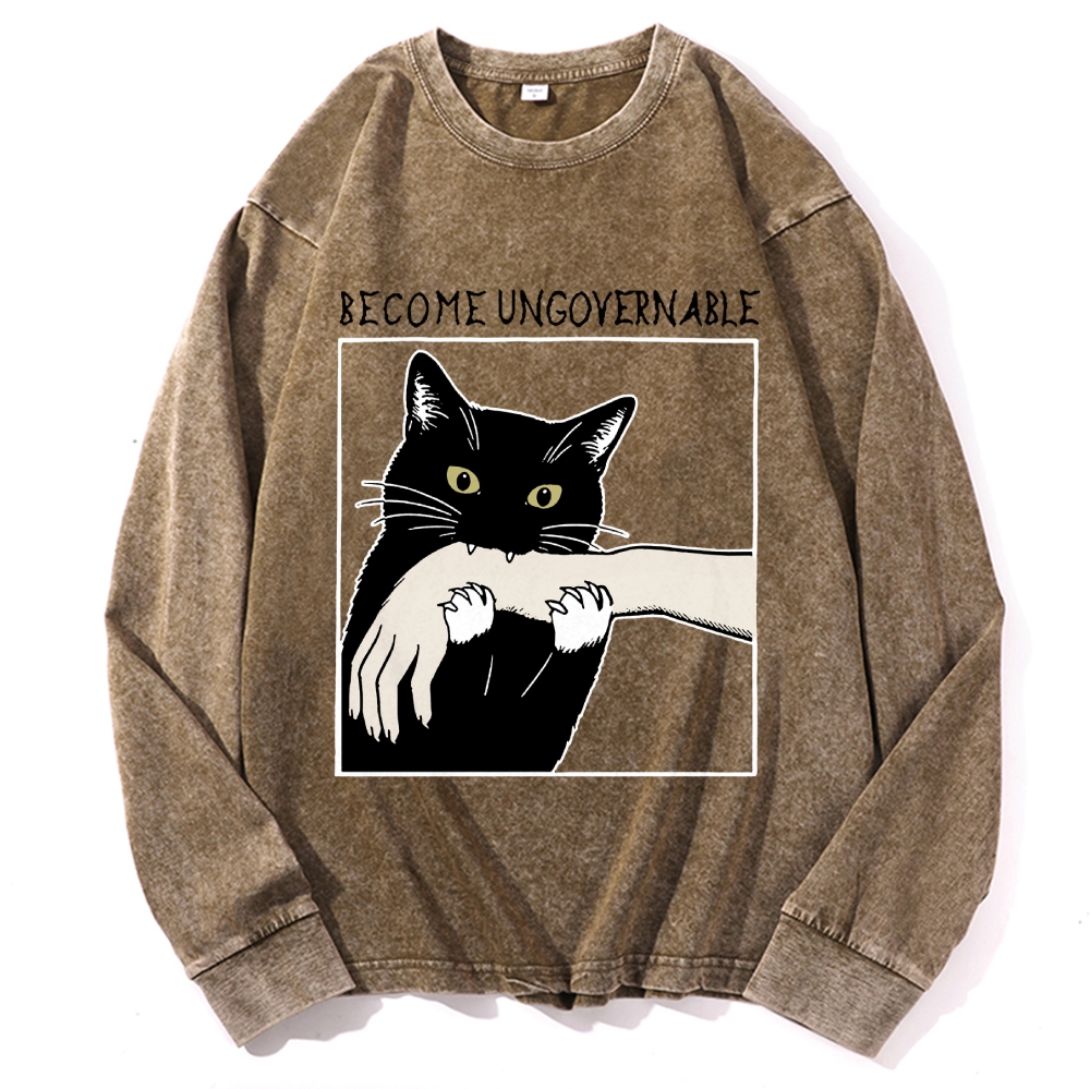 Become Ungovernable Cat Retro Washed Long Sleeve T-Shirt