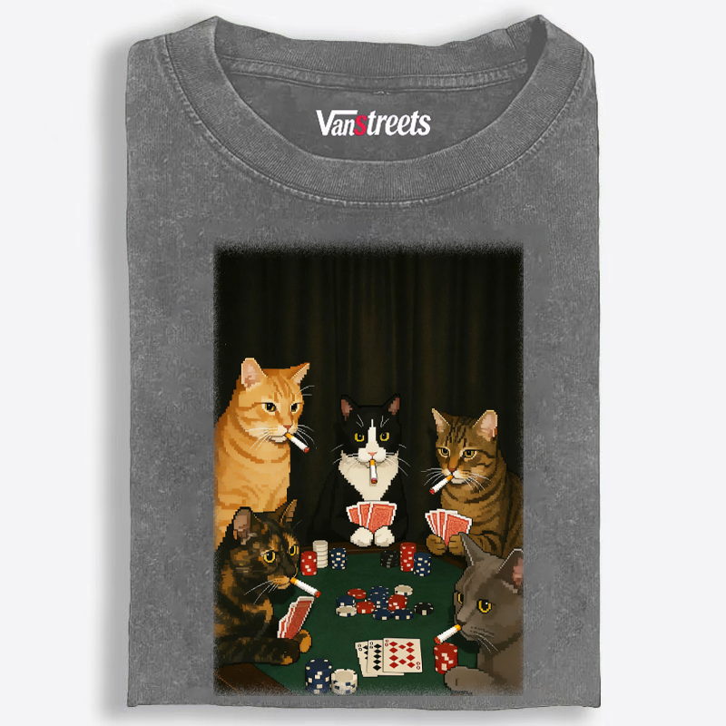 Midnight Poker Cats Retro Washed T-Shirt | 100% Cotton | Streetwear Essential