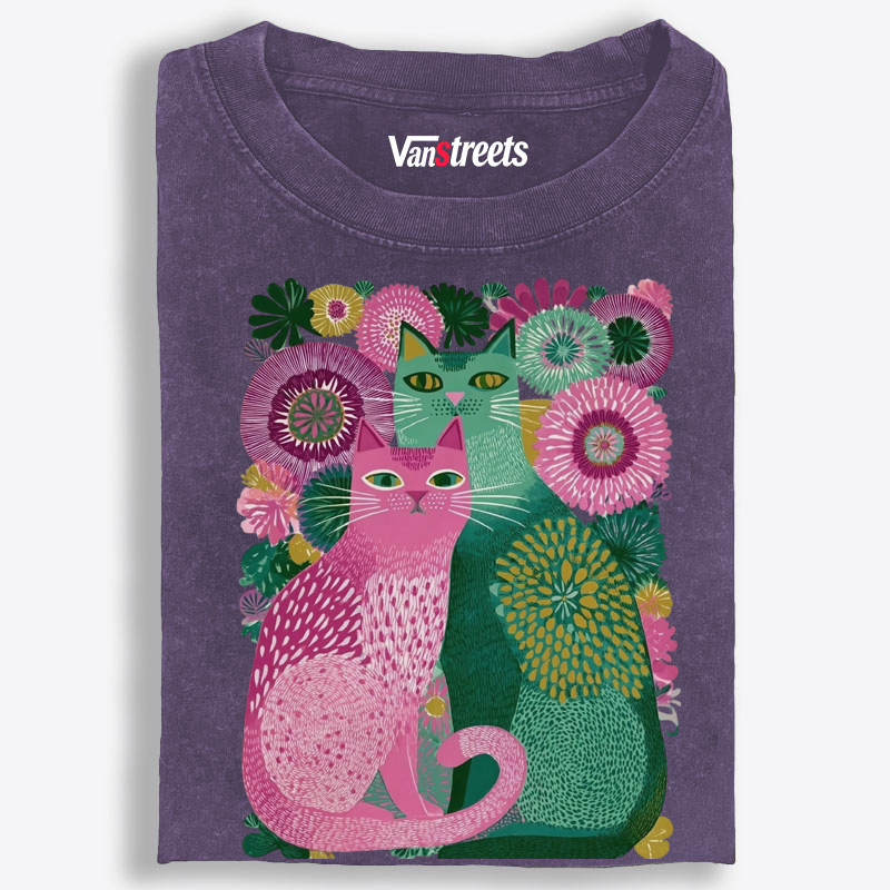 Floral Cats Retro Washed T-Shirt | 100% Cotton | Streetwear Essential