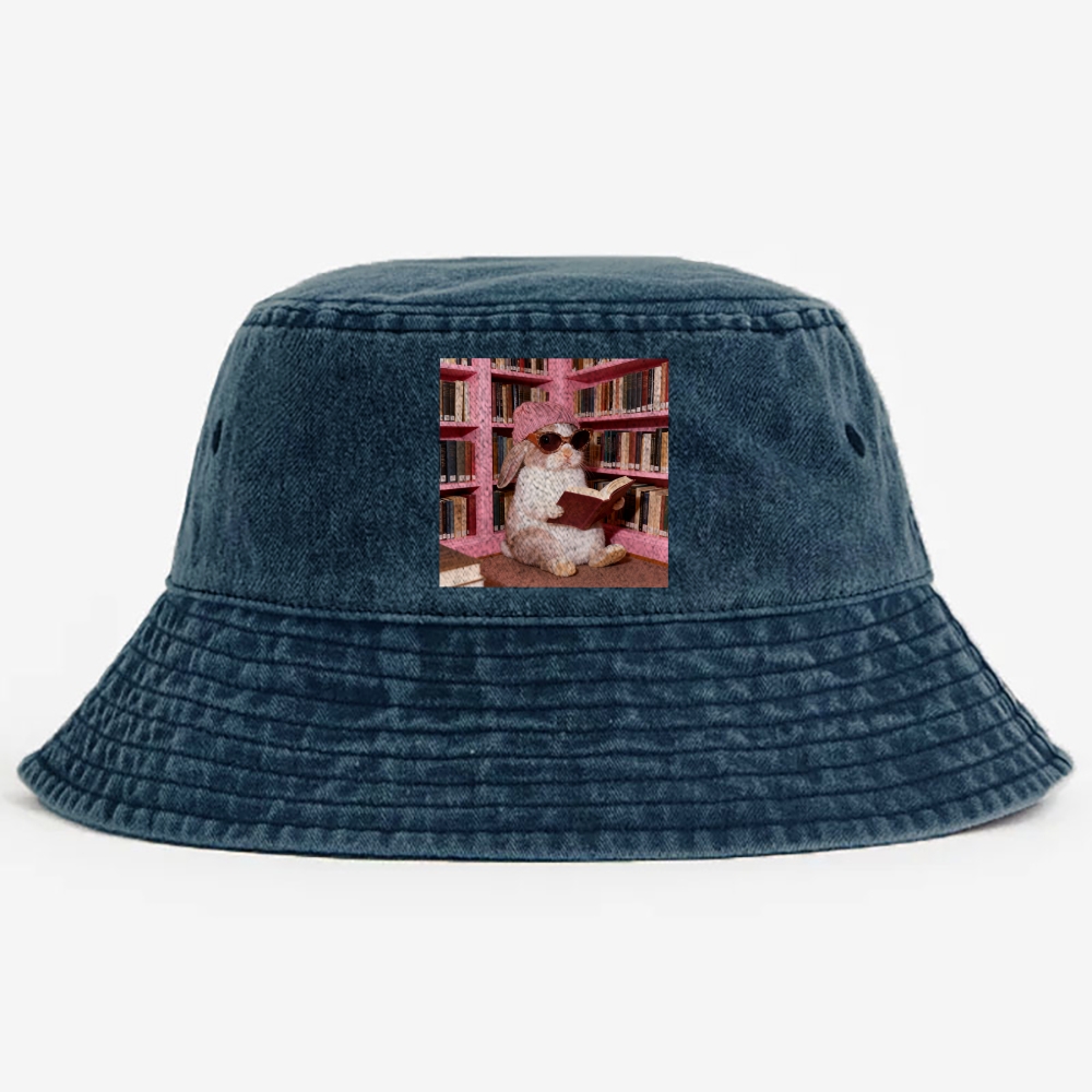 Bunny Bookish Rabbit Retro Vintage Washed Bucket Hat