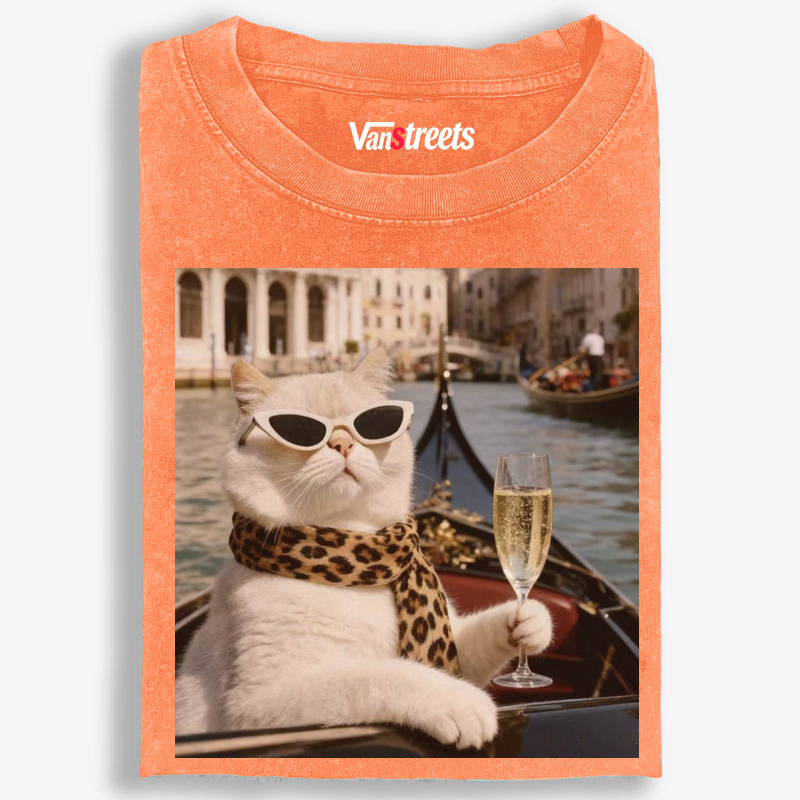 Bunny Venice Cat with Champagne Retro Washed T-Shirt | 100% Cotton | Streetwear Essential