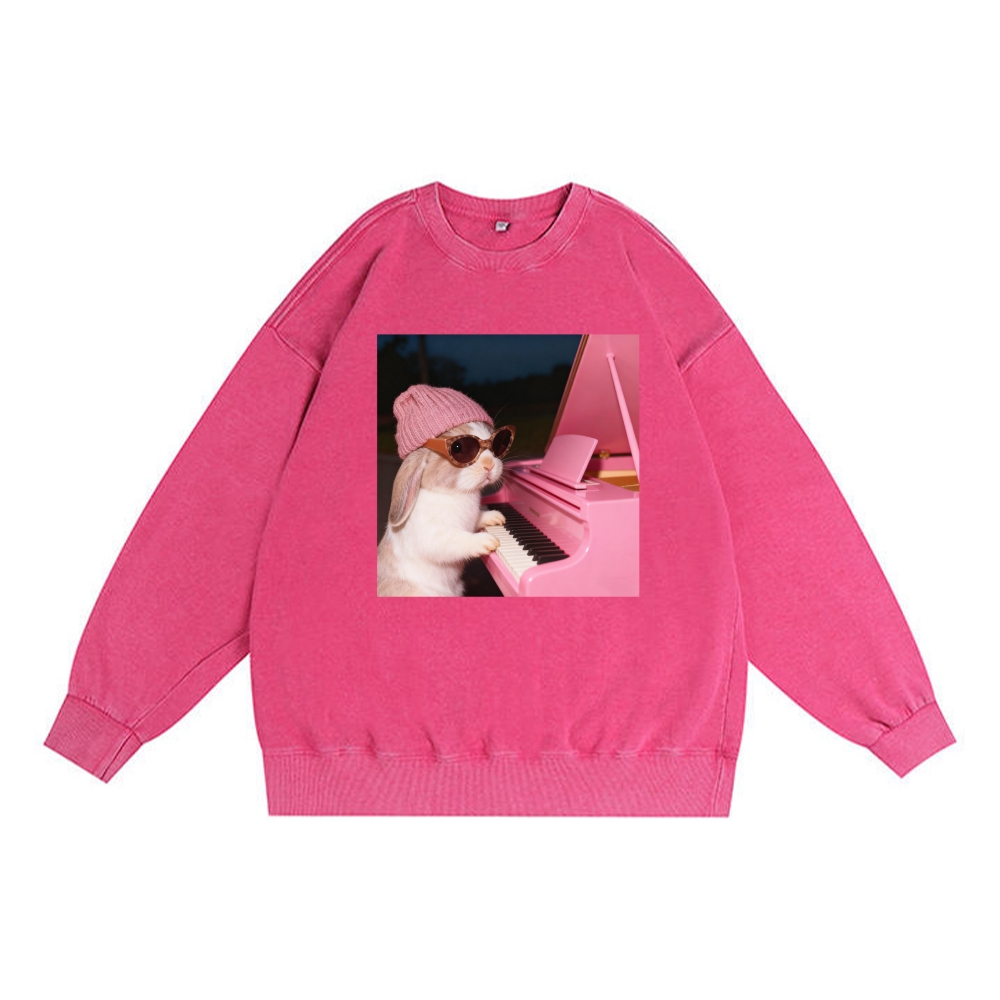 Bunny The Piano Rabbit Retro Premium Washed Cotton Crewneck Sweatshirt