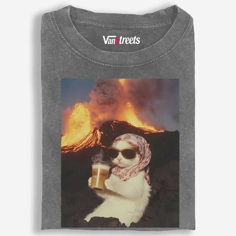 Volcano Coffee Cat Meme Retro Washed T-Shirt | 100% Cotton | Streetwear Essential