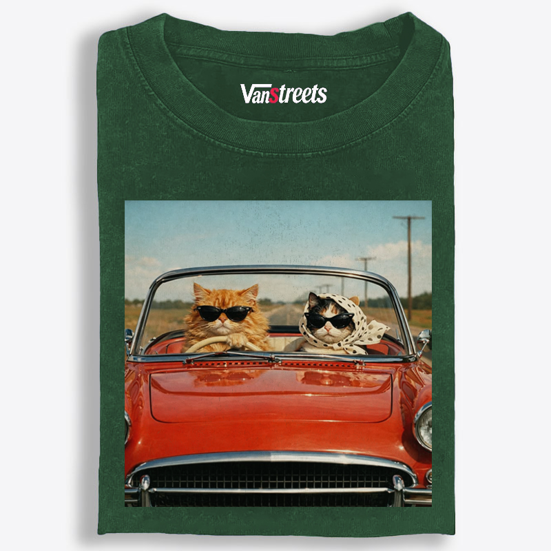 Cats In Red Convertible Road Trip Meme Retro Washed T-Shirt | 100% Cotton | Streetwear Essential