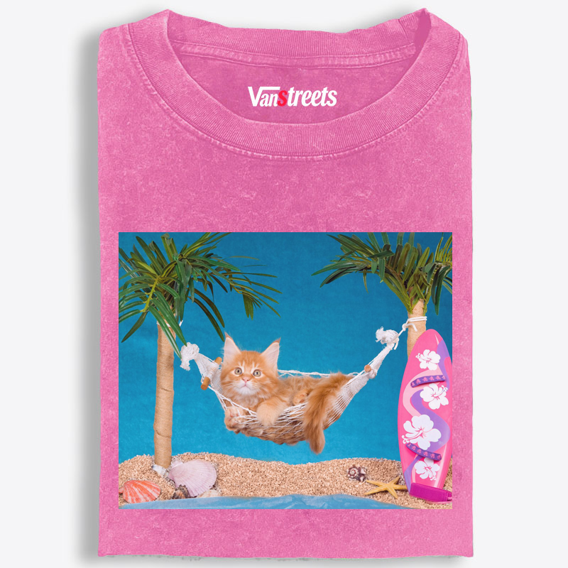 Tropical Hammock Kitten Graphic Washed T-Shirt | 100% Cotton | Streetwear Essential