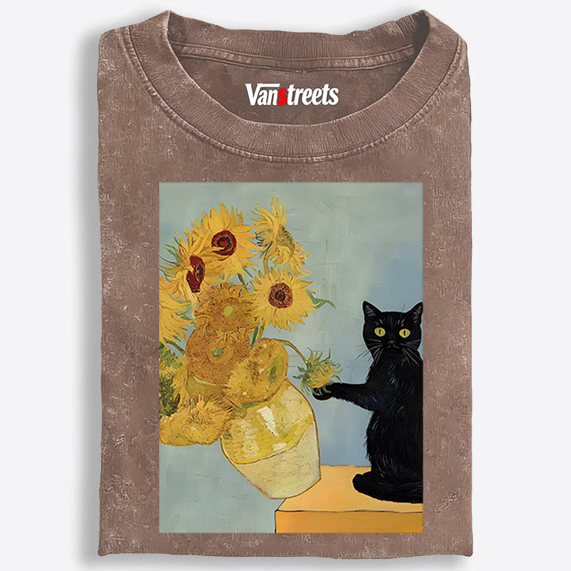 Van Gogh Sunflowers Black Cat Retro Washed T-Shirt | 100% Cotton | Streetwear Essential