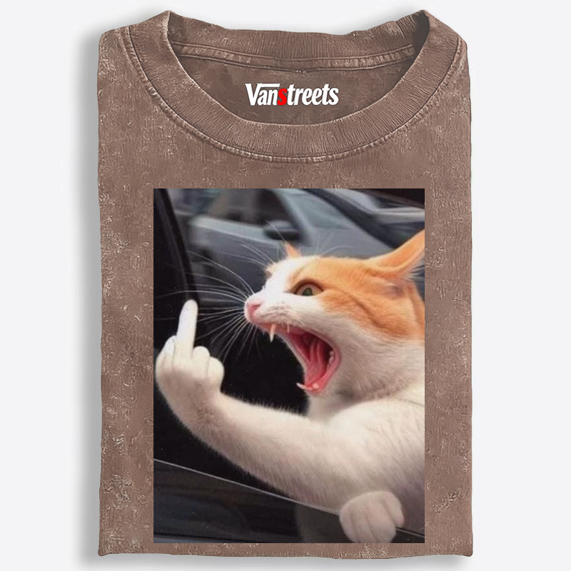 Middle Finger Cat Meme Retro Washed T-Shirt | 100% Cotton | Streetwear Essential