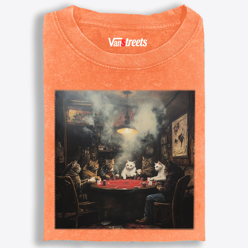 Midnight Poker Cats Club Vintage Graphic Edition Retro Washed T-Shirt | 100% Cotton | Streetwear Essential