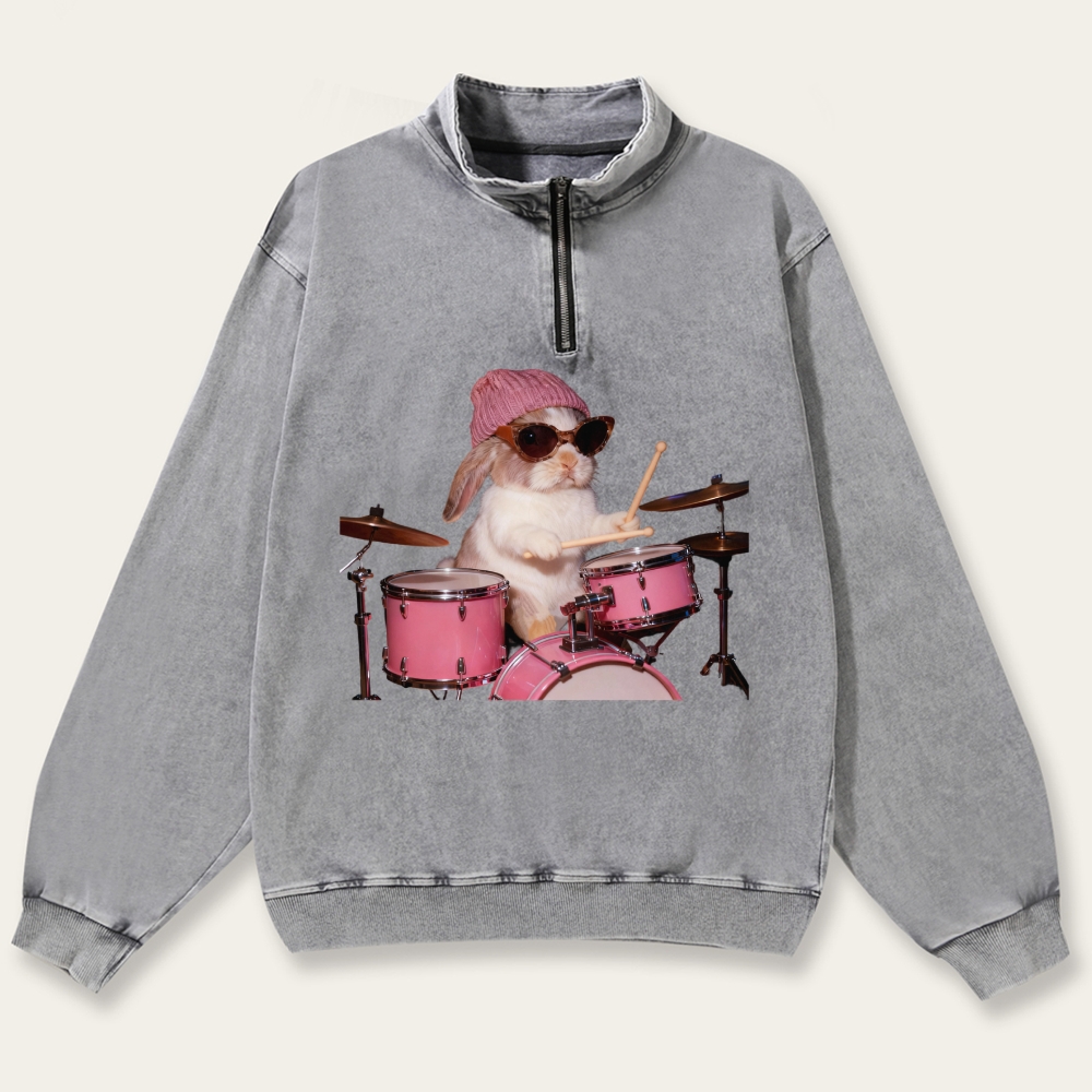 Bunny Rockin' Bunny Retro Washed Zip-Up Mock Neck Sweatshirt