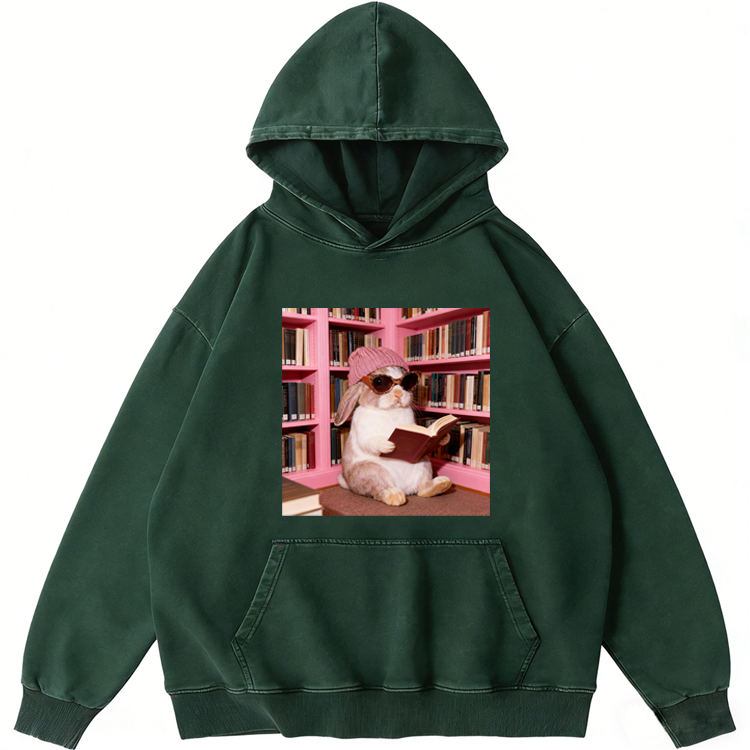 Bunny Bookish Rabbit Retro Washed Hoodide | 100% Cotton | Streetwear Essential