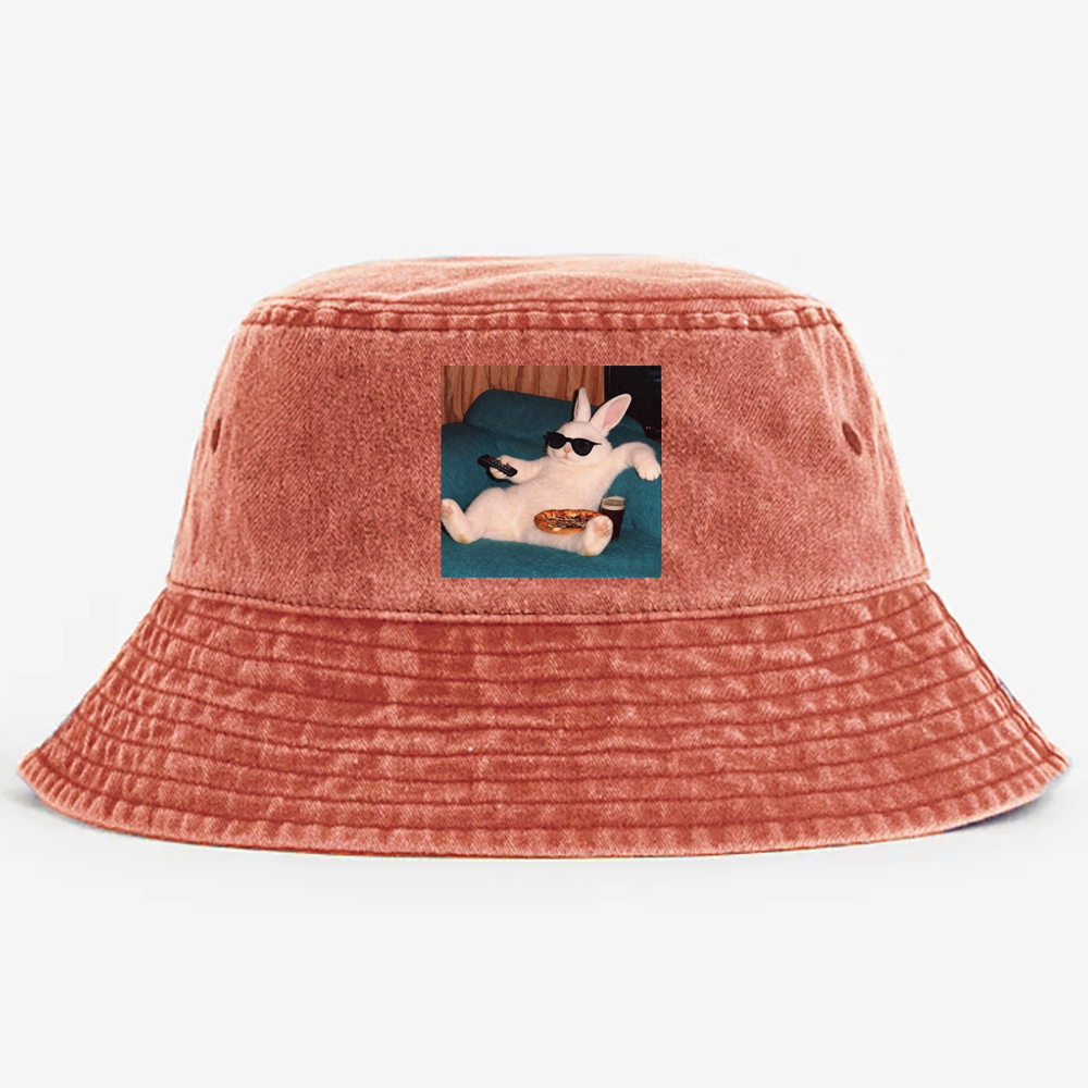 Couch Potato Bunny Retro Vintage Washed Bucket Hat
